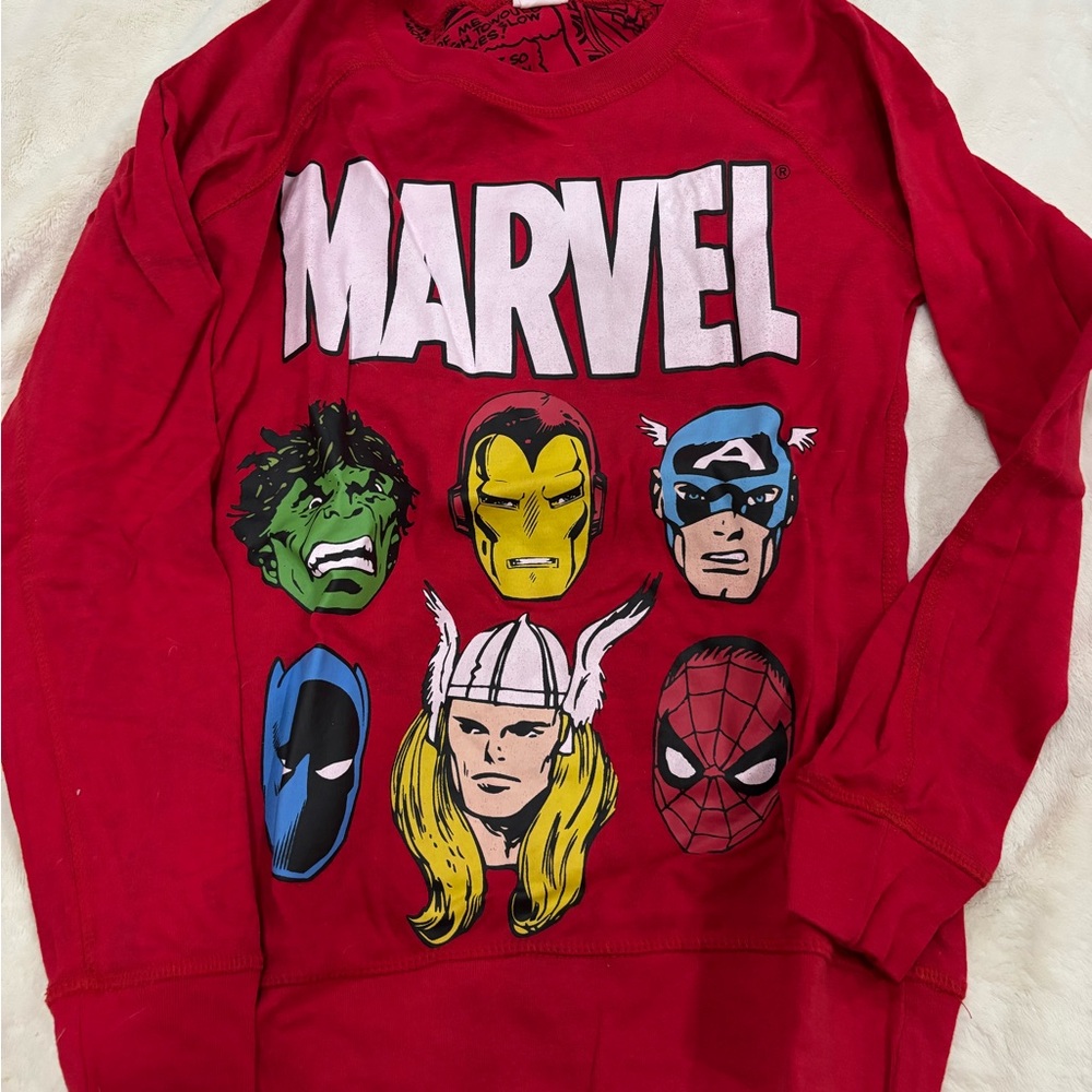 Marvel Red Crew Neck Sweater with Superhero Faces